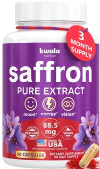 Thumbnail for Kwala Nutrition Saffron Supplements for Mood & Focus | 88.5mg Pure Saffron Extract | 3rd Party Tested | Made in USA | 3 Month Supply | 90 Capsules