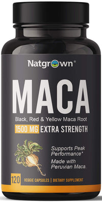 Thumbnail for Natgrown Organic Maca Root Powder Capsules - Black, Red & Yellow - 1500 mg per Serving - Gelatinized Peruvian Maca Supplement - Non-GMO, Gluten-Free, Vegan - (120 Count)