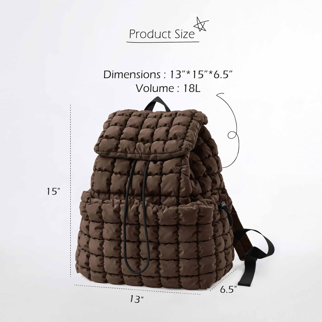 ODODOS Quilted Backpack 2.0 for Women Lightweight Puffer Hiker Pack Drawstring Padding Travel Gym Bag, Dark Brown