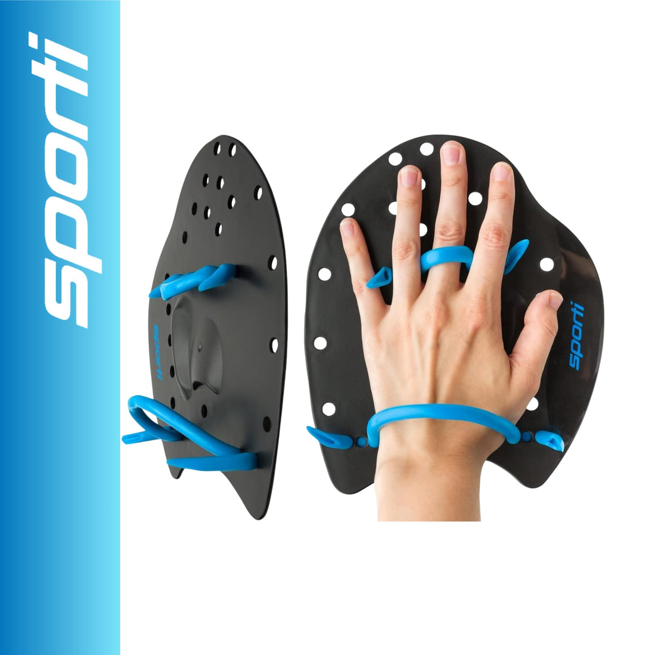Sporti Power Swim Paddles - Swimming Training Hand Paddles - Adjustable Straps - Lap Swimming Gear (Small, Black)