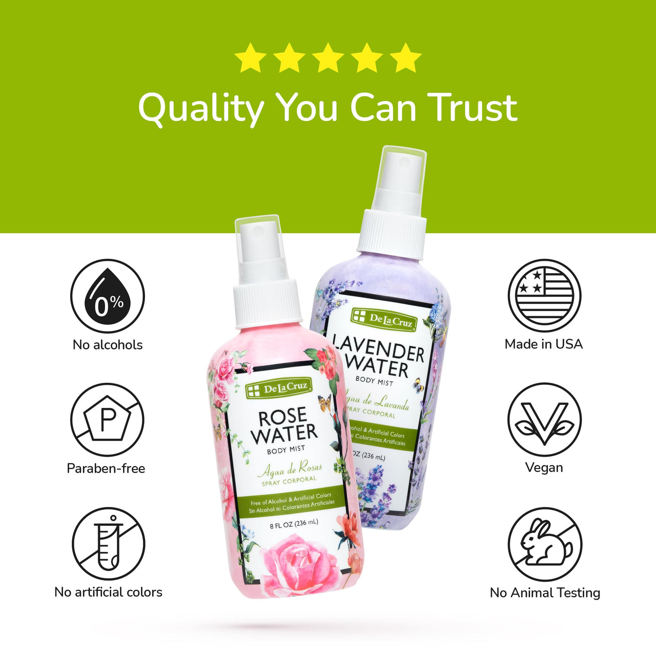 De La Cruz - Rose Water Spray and Lavender Water Spray Bundle - Spray Mist for Skin, Hair and Body - 8 fl OZ Each