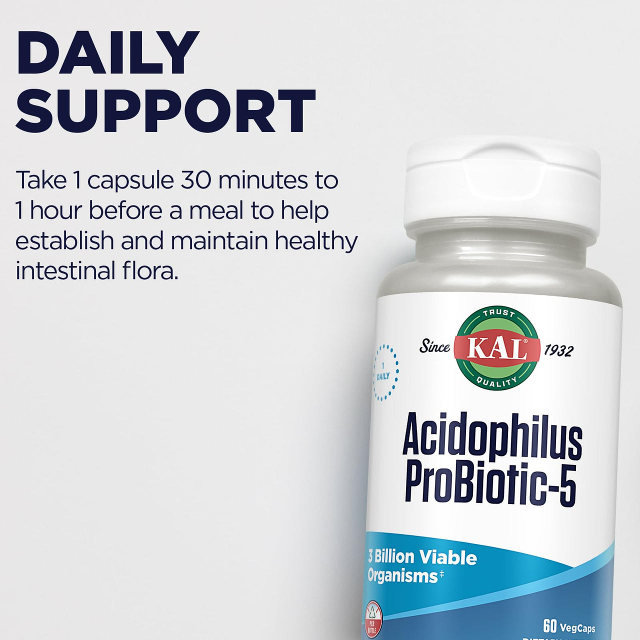 KAL Acidophilus Tablets, Probiotic-5 Capsules, 3 Bil, 60 Count