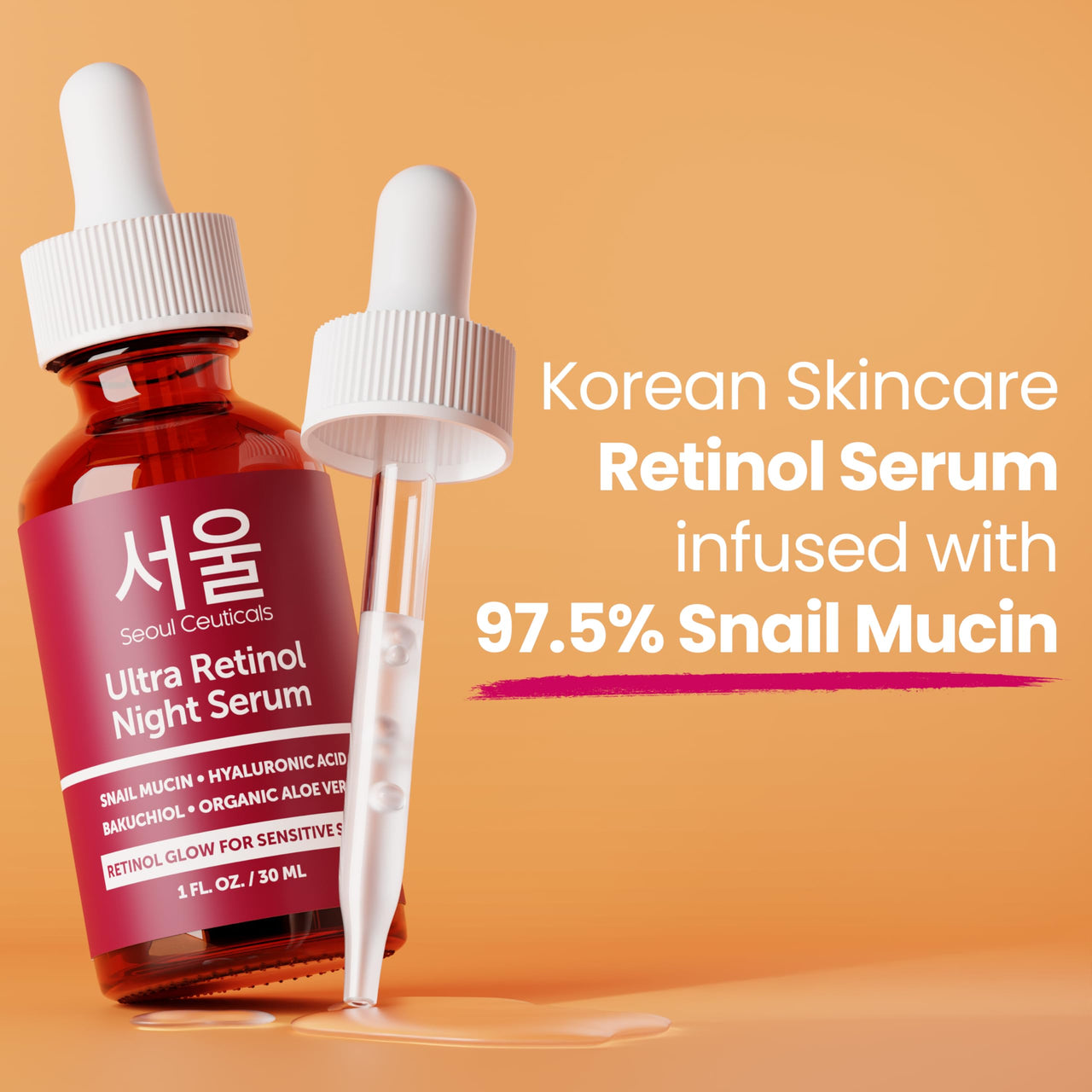 SeoulCeuticals 1% Korean Retinol Night Serum for Face - 97.5% Snail Mucin + Hyaluronic Acid + Bakuchiol, Cruelty Free K Beauty for Sensitive Skin 1oz