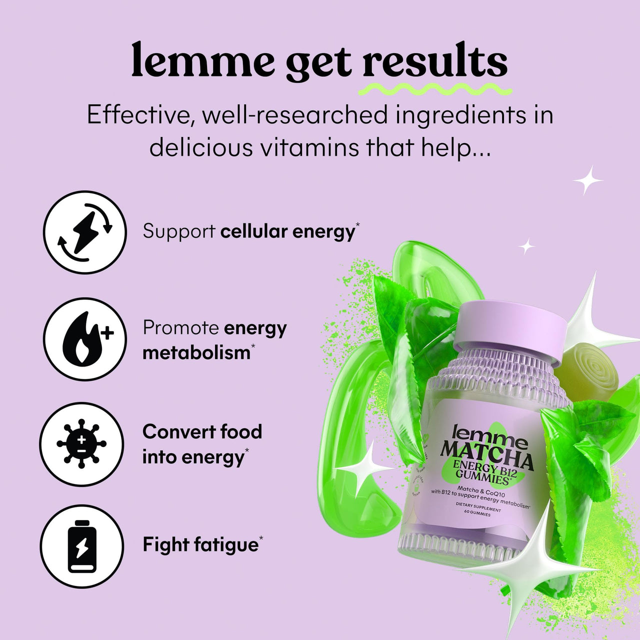 Lemme Matcha Superfood Energy Gummies with Organic Matcha Green Tea, Vitamin B12 and Antioxidant Coenzyme Q10 to Support Cellular Energy, Metabolism & Healthy Skin - Gluten Free, Non GMO (60 Count)