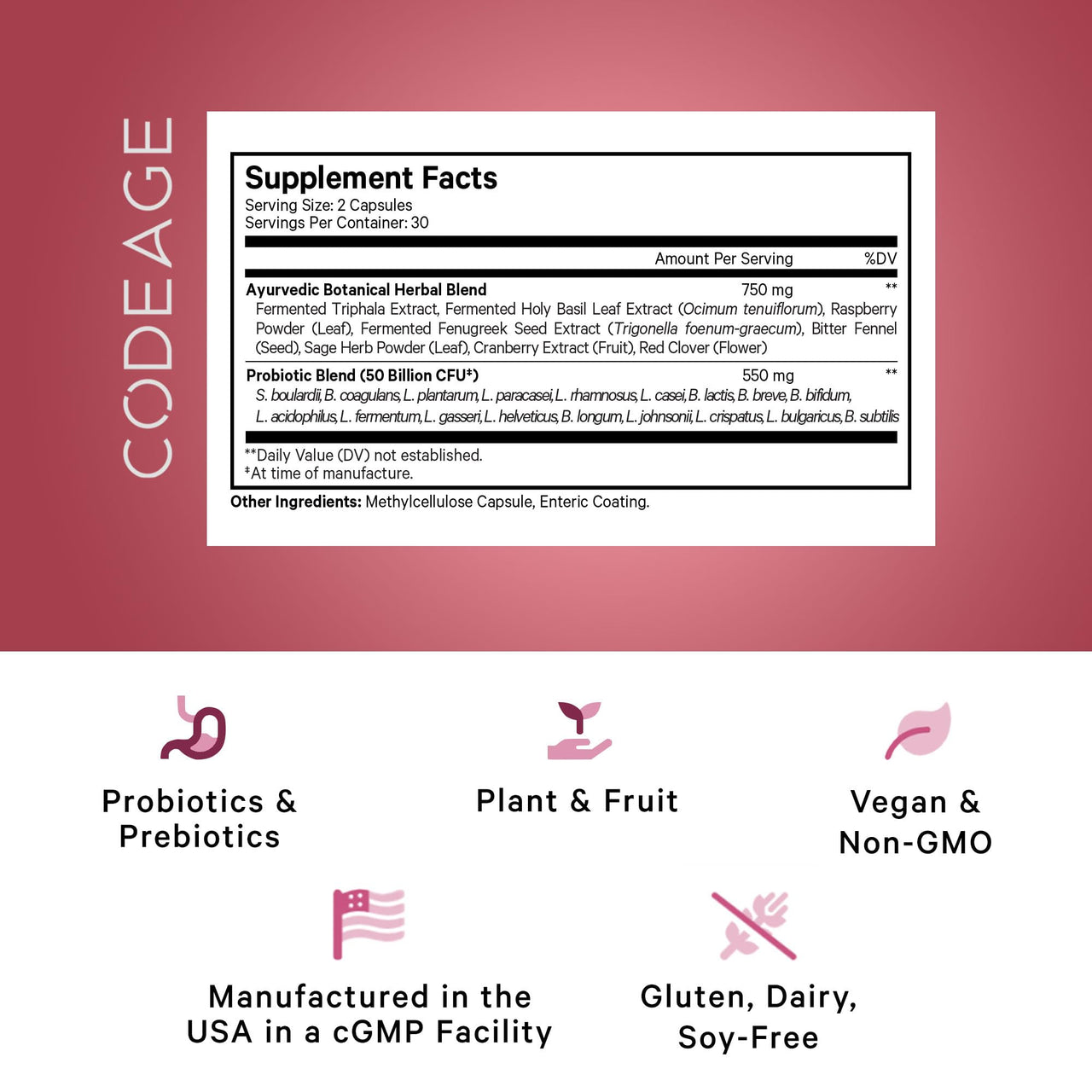 Codeage Women’s Probiotics Supplement - 50 Billion CFUs - SBO Probiotics & Prebiotics - Cranberries - Feminine Health - Fermented Botanical Blend, Whole Food Supplement - Vegan, Non-GMO - 60 Capsules