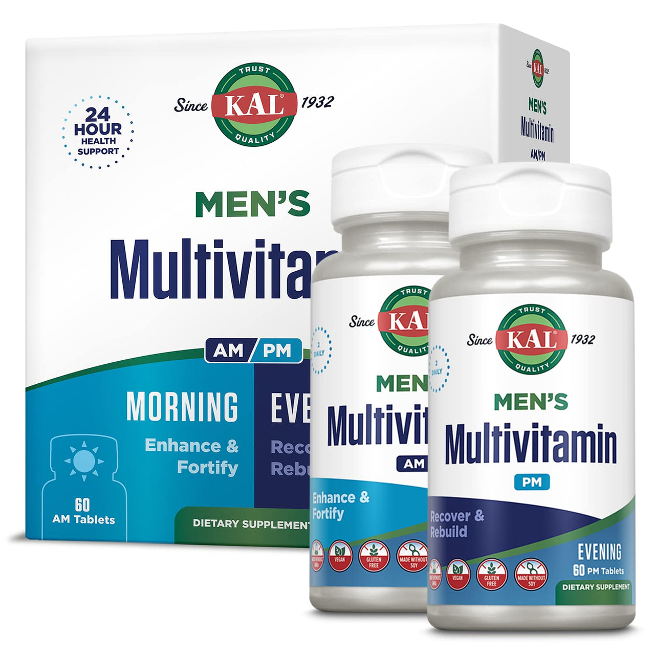 KAL Men's Multivitamin AM/PM, Antioxidants Supplement, Muscle, Immune, Electrolyte Balance, Overall Wellness Support, Made Without GMOs and Soy, Vegan, 30 Servings, 120 Tablets