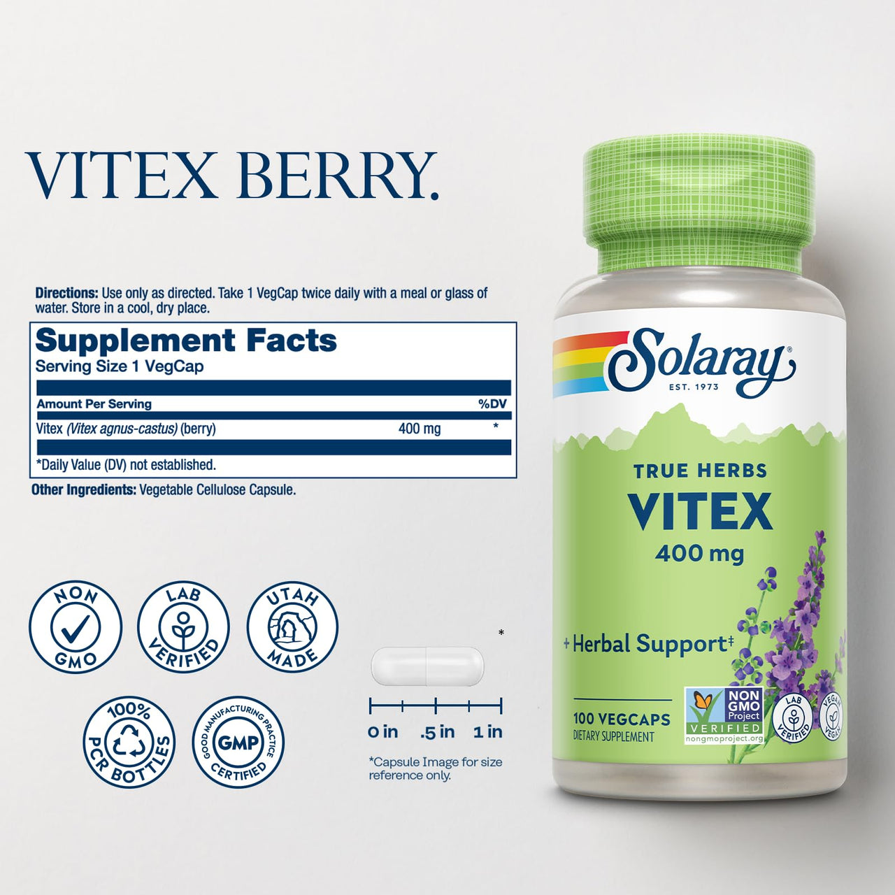 SOLARAY Vitex Berry 400mg | Womens Healthy Hormone Balance Formula | Menstruation & Menopause Support, 100ct
