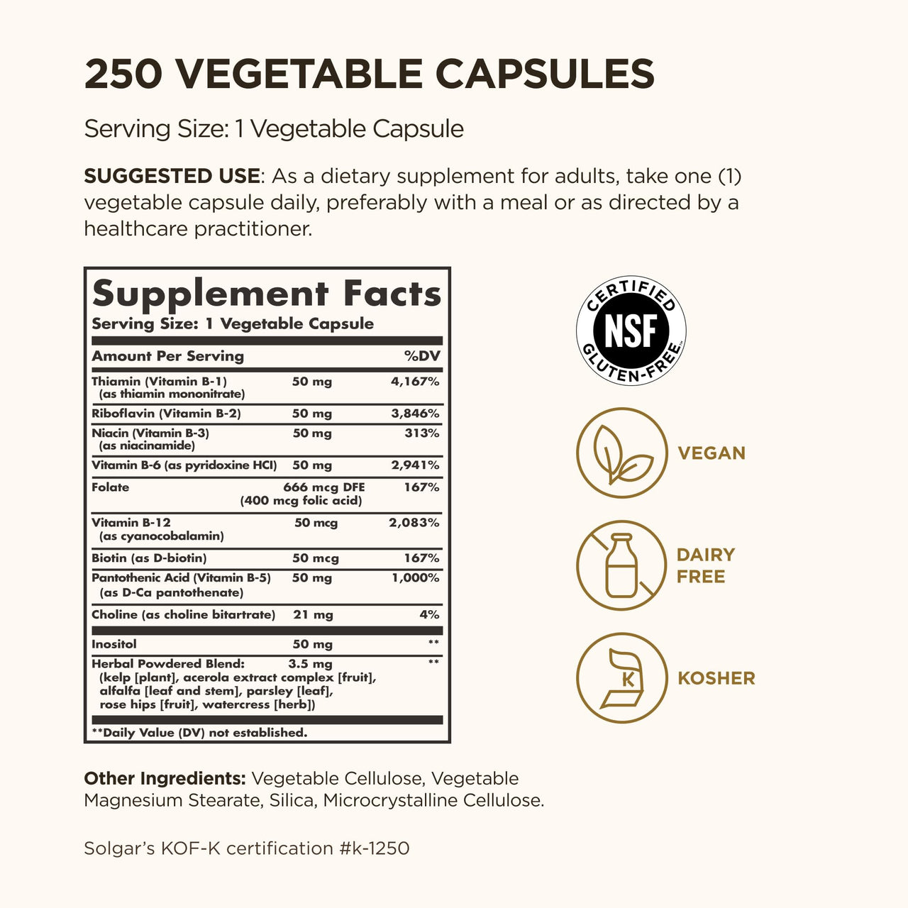 Solgar B-Complex “50”, 250 Vegetable Capsules - Energy Metabolism, Cardiovascular Support, Nervous System Support - Non-GMO, Vegan, Gluten Free, Dairy Free, Kosher - 250 Servings