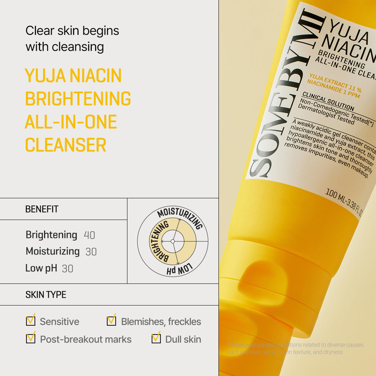 SOME BY MI Yuja Niacin Brightening All in One Cleanser - 3.38Oz, 100ml - Mild Daily Face Wash for Dull-Looking Skin - Low pH Formula with No Irritation - Pore and Sebum Care - Korean Skin Care