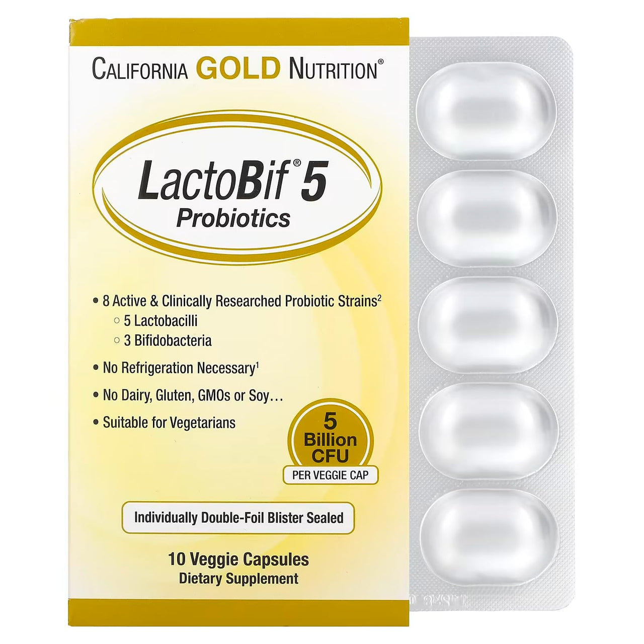 California Gold Nutrition LactoBif Probiotics, 5 Billion CFU, 10 Veggie Capsules