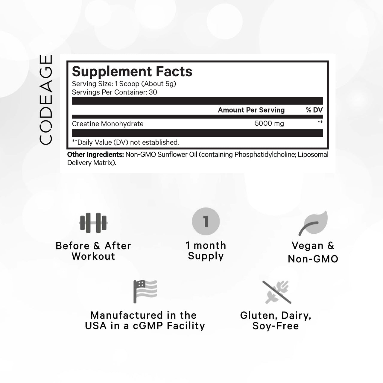 Codeage Liposomal Creatine Powder Supplement, Pure Creatine Monohydrate 5000mg, Pre Workout & Post Workouts - Unflavored Creatine, Micronized Creatine Powder - Creatinine for Sports - 30 Servings