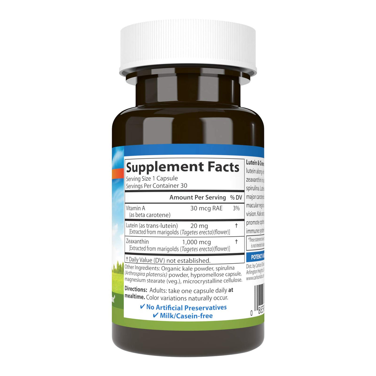 Carlson - Lutein & Greens, 20 mg, Vision Support & Eye Function, Antioxidant, 30 Vegetarian Capsules