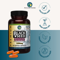 Thumbnail for Amazing Herbs Premium Black Seed Oil Capsules - High Potency, Cold Pressed Nigella Sativa Aids in Digestive Health, Immune Support & Brain Function - 60 Count, 1250mg