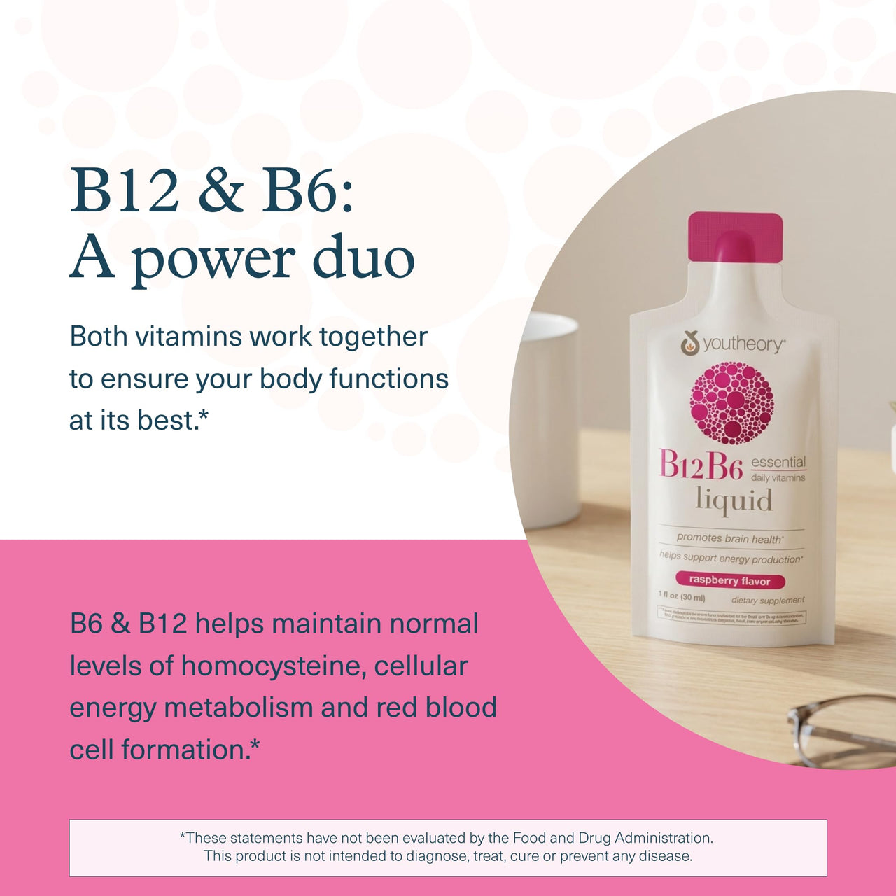 Youtheory Vitamin B12 B6, Daily Energy and Brain Support Supplement, Liquid Raspberry Flavor, 12 – 1oz Single Serving Packets