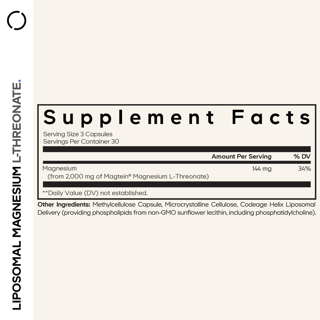 Codeage Liposomal Magnesium L-Threonate Supplement, Patented Magtein Magnesium Threonate for Brain Health, Memory and Cognitive Function Support, Bioavailable, Non-GMO - 90 Capsules