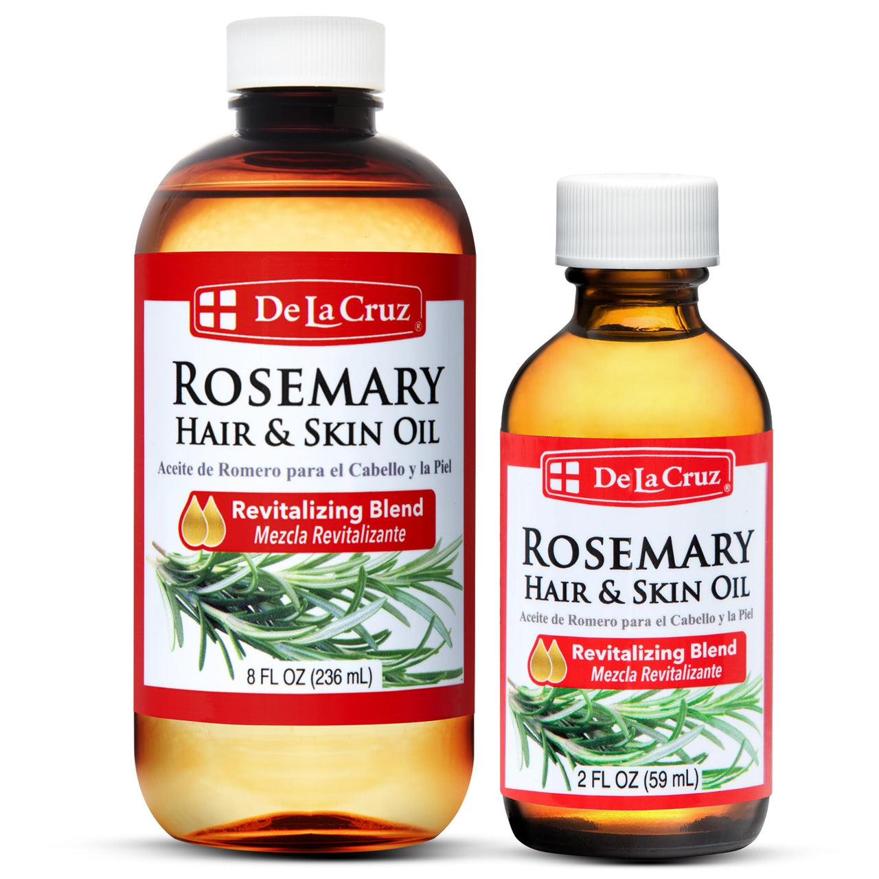 De La Cruz Rosemary Oil Blend Moisturizer 2 fl oz + 8 fl oz Bundle with Castor, Avocado, & Olive - Rosemary Oil for Hair and Skin – Topical Use Only
