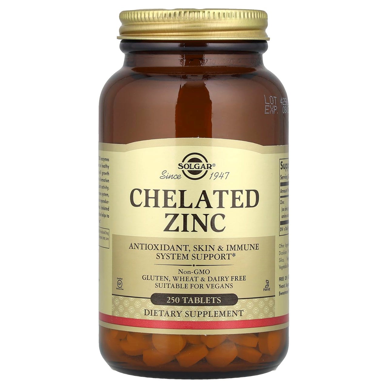 Solgar Chelated Zinc, 250 Tablets - Zinc for Healthy Skin - Supports Cell Growth & DNA Formation - Exerts Antioxidant Activity - Supports A Healthy Immune System - Non GMO, Vegan - 250 Servings