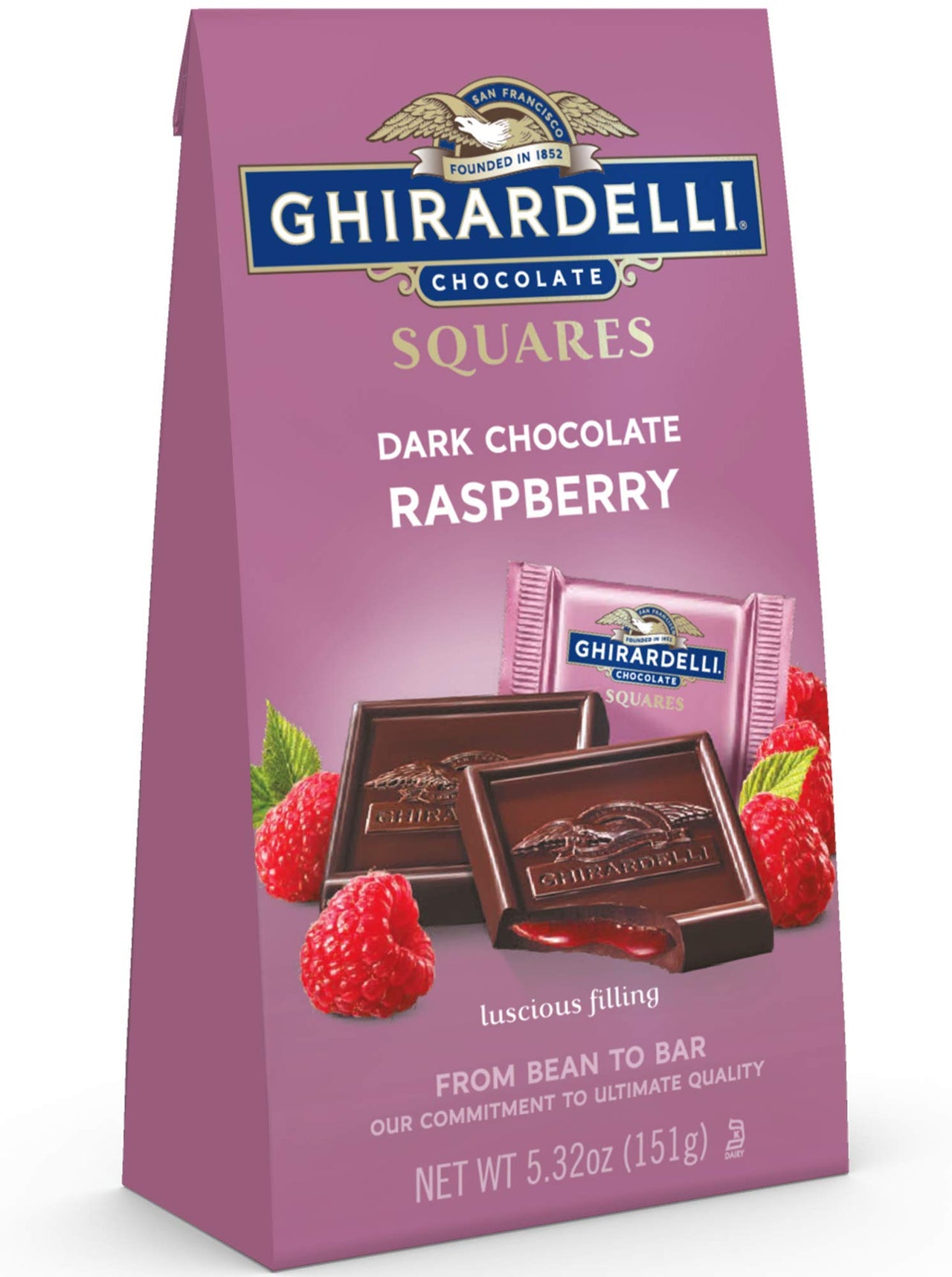 GHIRARDELLI Dark Chocolate Raspberry SQUARES, 5.32 oz Bag Premium Individually Wrapped Chocolate Candy Rich Dark Chocolate with Raspberry Filling