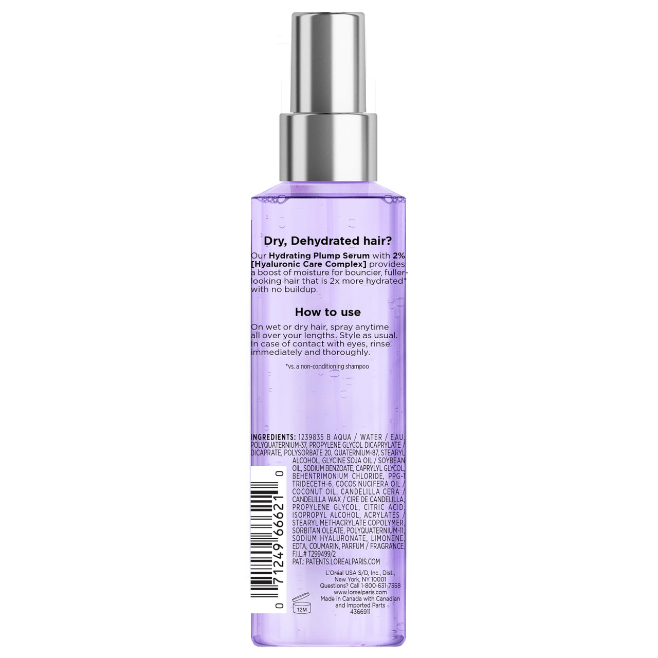 L'Oreal Paris Elvive Hyaluron Plump Moisture Plump Hair Serum for Dehydrated, Dry Hair with Hyaluronic Acid Care Complex, Paraben-Free, 4.4 Fl Oz