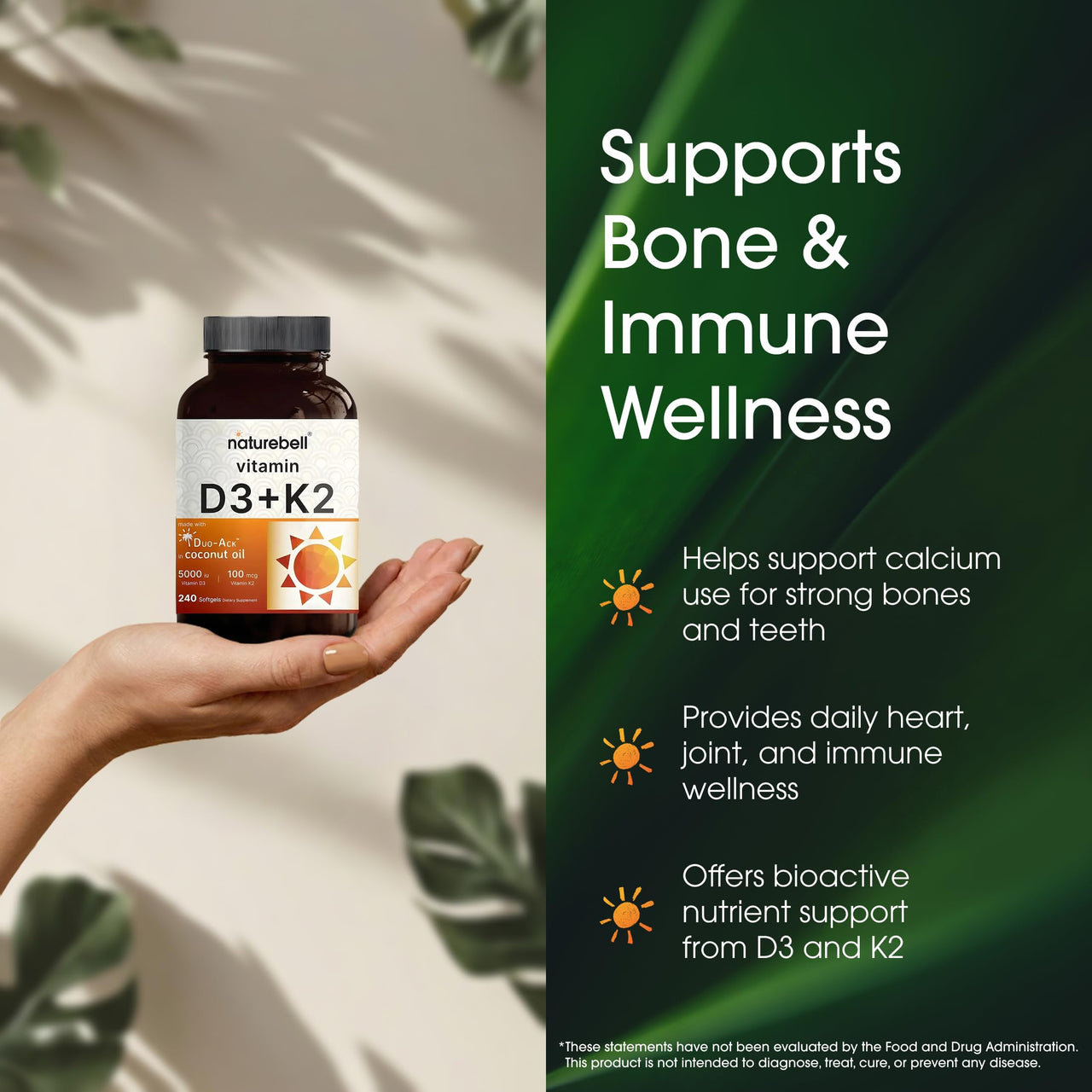 NatureBell Vitamin D3 K2-240 Softgels - 5,000 IU Vitamin D3 & 100mcg Vitamin K2 MK-7 - with Virgin Coconut Oil - Bone, Heart & Immune Health Support* - Duo-Ack Formula