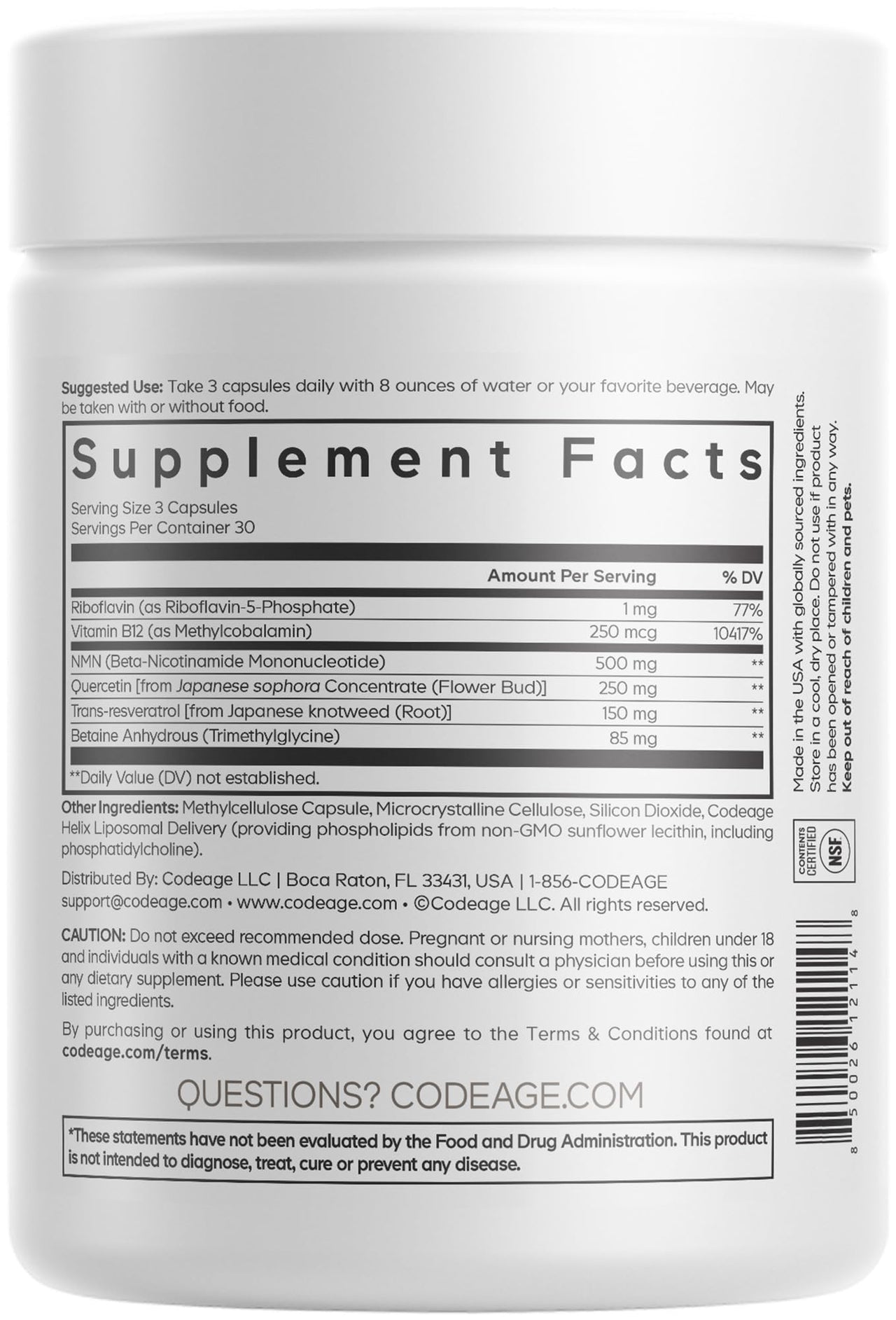 Codeage Liposomal NMN Platinum - 500 mg NMN Supplement, Nicotinamide Mononucleotide, NAD Precursor - Quercetin, Resveratrol, Betaine TMG, Vitamin B2 Riboflavin & Vitamin B12 - Non-GMO - 90 Capsules