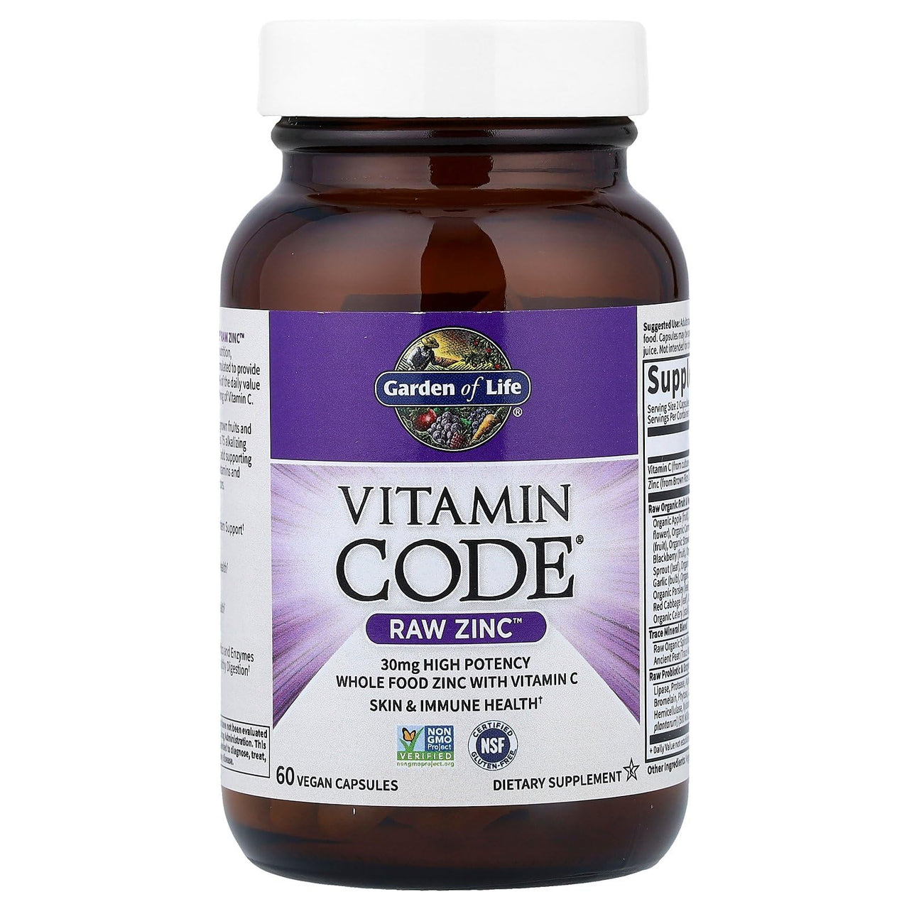 Garden of Life Zinc Supplements 30mg High Potency Raw Zinc and Vitamin C Multimineral Supplement, Vitamin Code Vitamins Trace Minerals & Probiotics for Skin Health & Immune Support, 60 Vegan Capsules