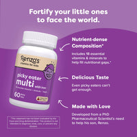 Thumbnail for Renzo's Picky Eater Kids Multivitamin with Iron, Dissolving Kids Vitamins with Vitamin D3 & K2 and More, 60 Sugar-Free Melty Tabs, Cherry Mo’ Cherry Flavored