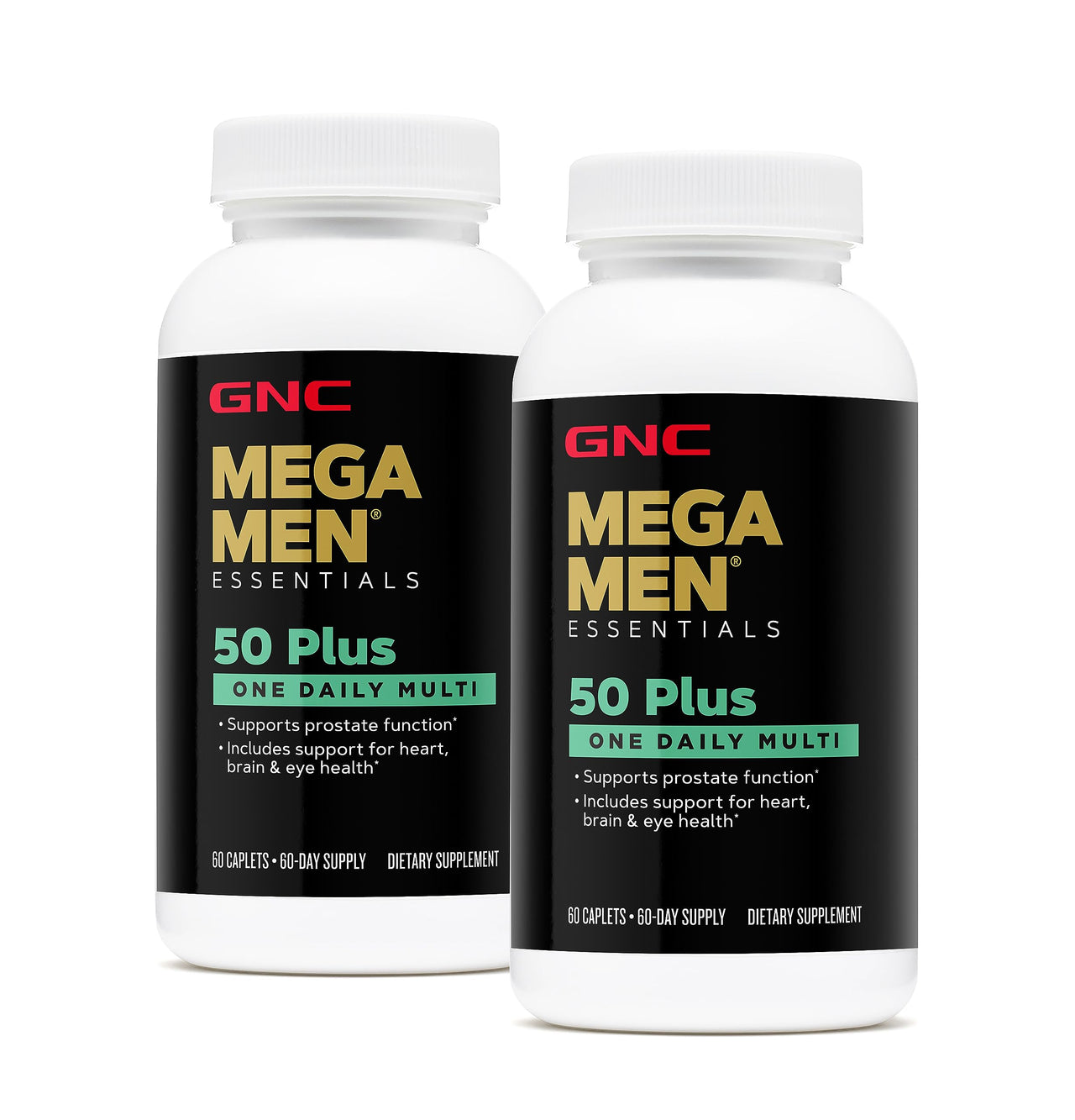 GNC Mega Men 50 Plus One Daily Multivitamin, Twin Pack, 60 Caplets per Bottle, Supports Heart, Brain and Eye Health