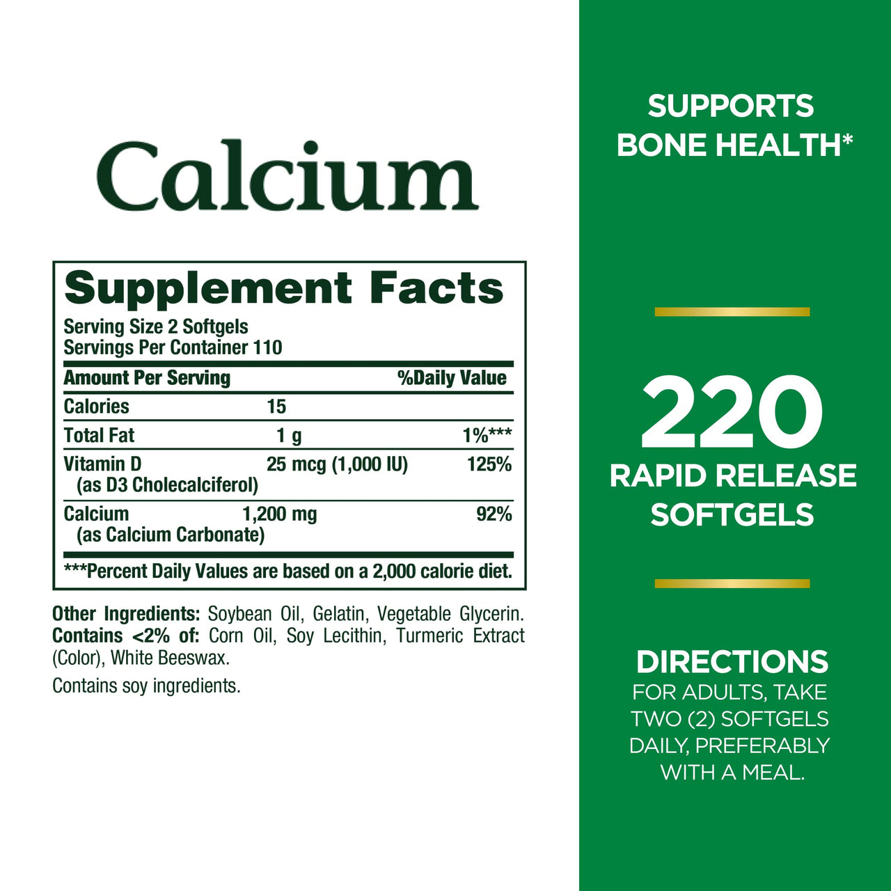 Nature's Bounty Calcium 1200 mg with Vitamin D3, Bone Health & Immune Support, Vitamin D3 1000 IU, 220 Softgels (Pack of 2)