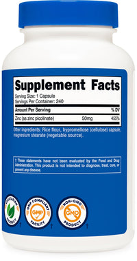 Thumbnail for Nutricost Zinc Picolinate 50mg, 240 Vegetarian Capsules - Gluten Free and Non-GMO (240 Caps)