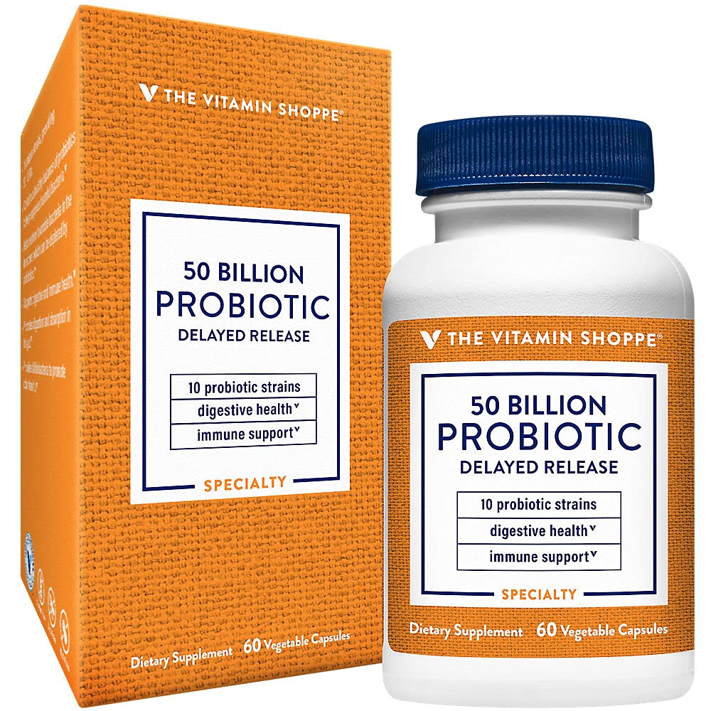 The Vitamin Shoppe Probiotic Delayed Release 50 Billion - with 10 Probiotic Strains to Support Digestive, Immune & Vaginal Health or Yeast Imbalance - Shelf Stable (60 Veggie Caps)