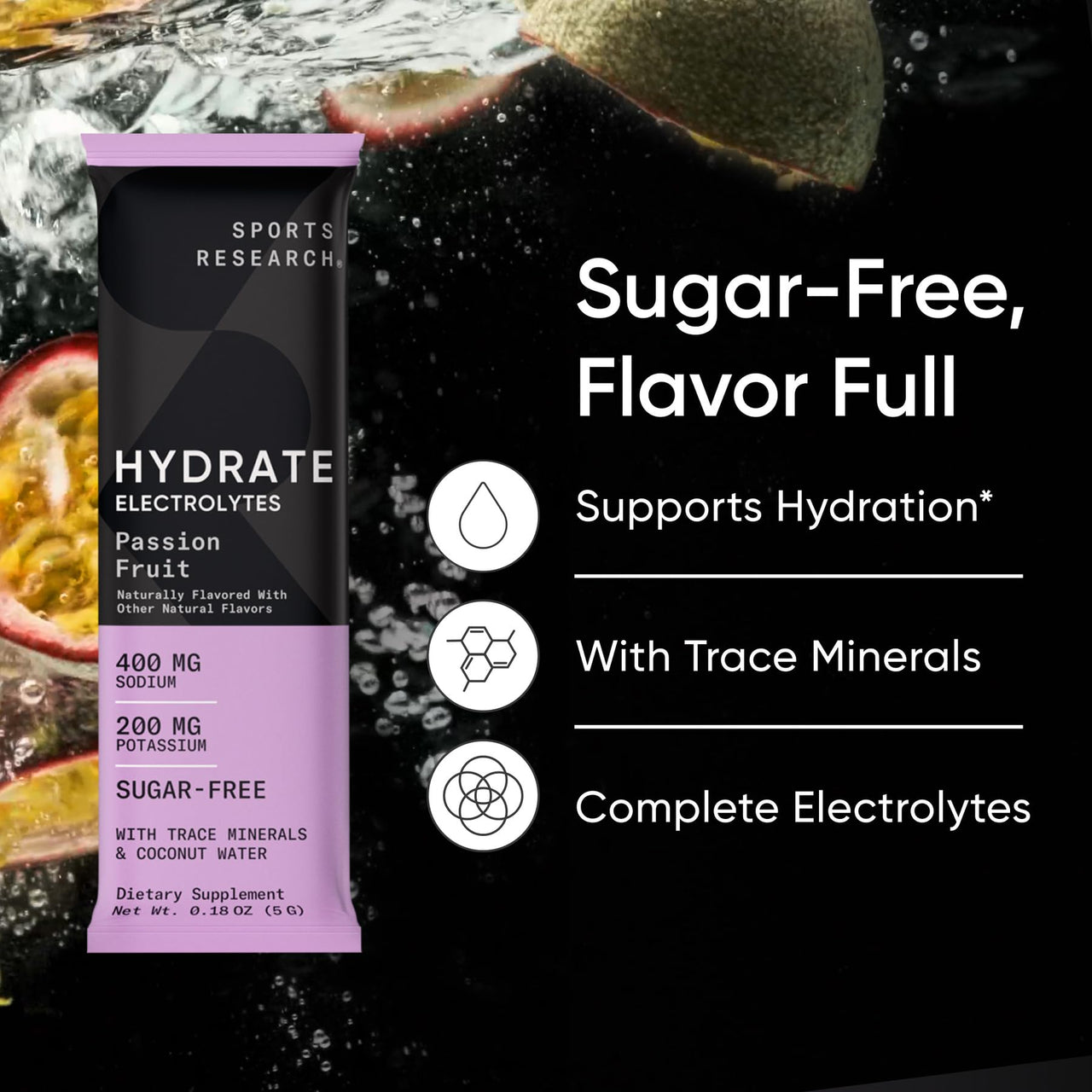 Sports Research Hydrate Electrolytes Dynamic Duo - Sugar-Free & Naturally Flavored with Vitamins, Minerals, and Coconut Water - 32 Hydration Packets of Cherry Pomegranate & Passion Fruit