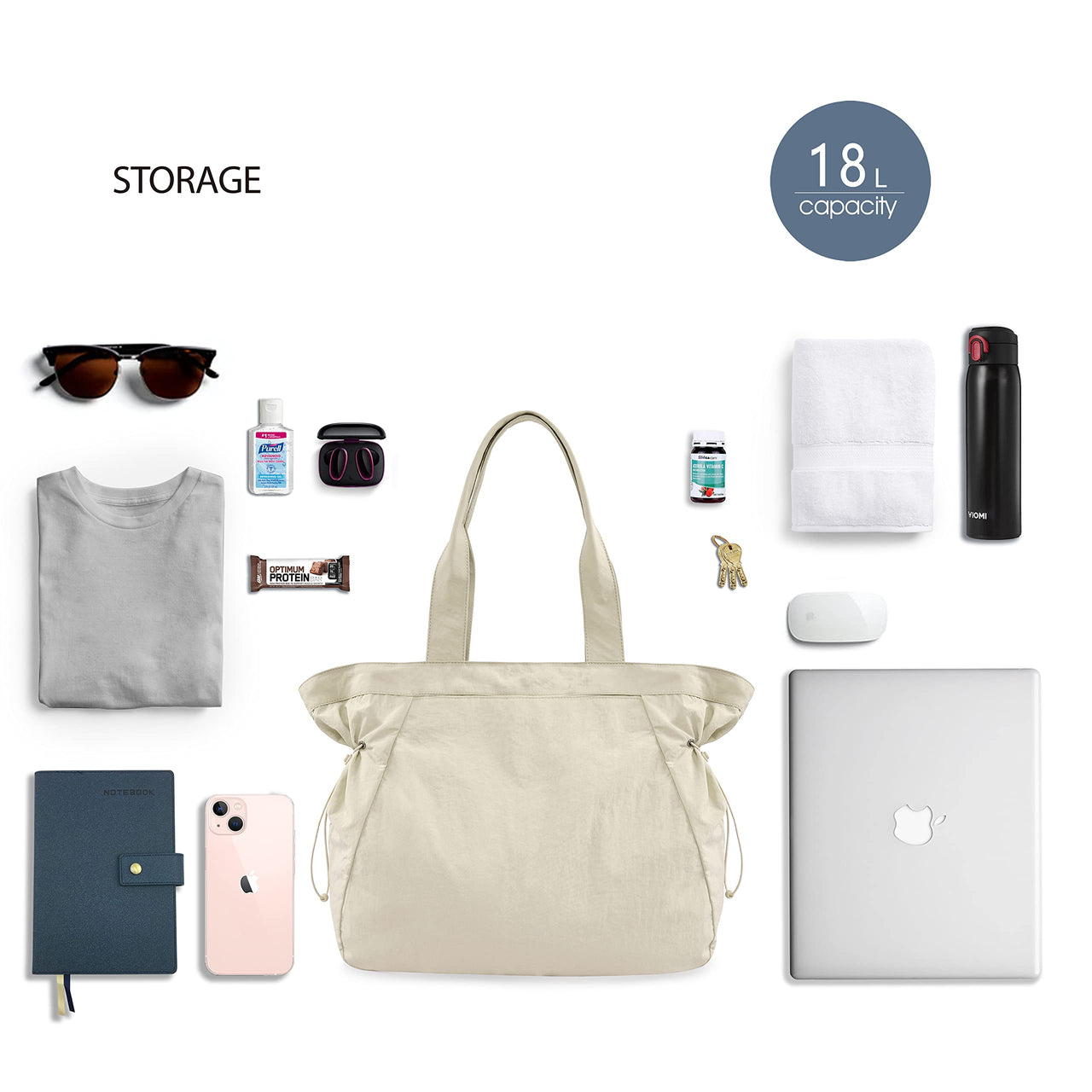 ODODOS 18L Side-Cinch Shopper Bags Lightweight Shoulder Bag Tote Handbag for Shopping Workout Beach Travel, Ivory