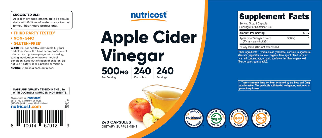 Nutricost Apple Cider Vinegar Capsules 500mg, 240 Vegetarian Capsules - Natural, Vegetarian, GMP, Non-GMO and Gluten Free
