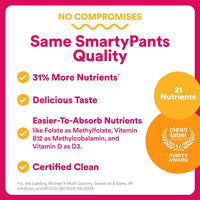 Thumbnail for SmartyPants Women's Multivitamin Gummies, Omega 3 (DHA/EPA), Methylfolate, CoQ10, Vitamin D3, C, Vitamin B12, B6, A, K & Zinc, Inositol, Gluten Free, 90 Count (30 Day Supply)