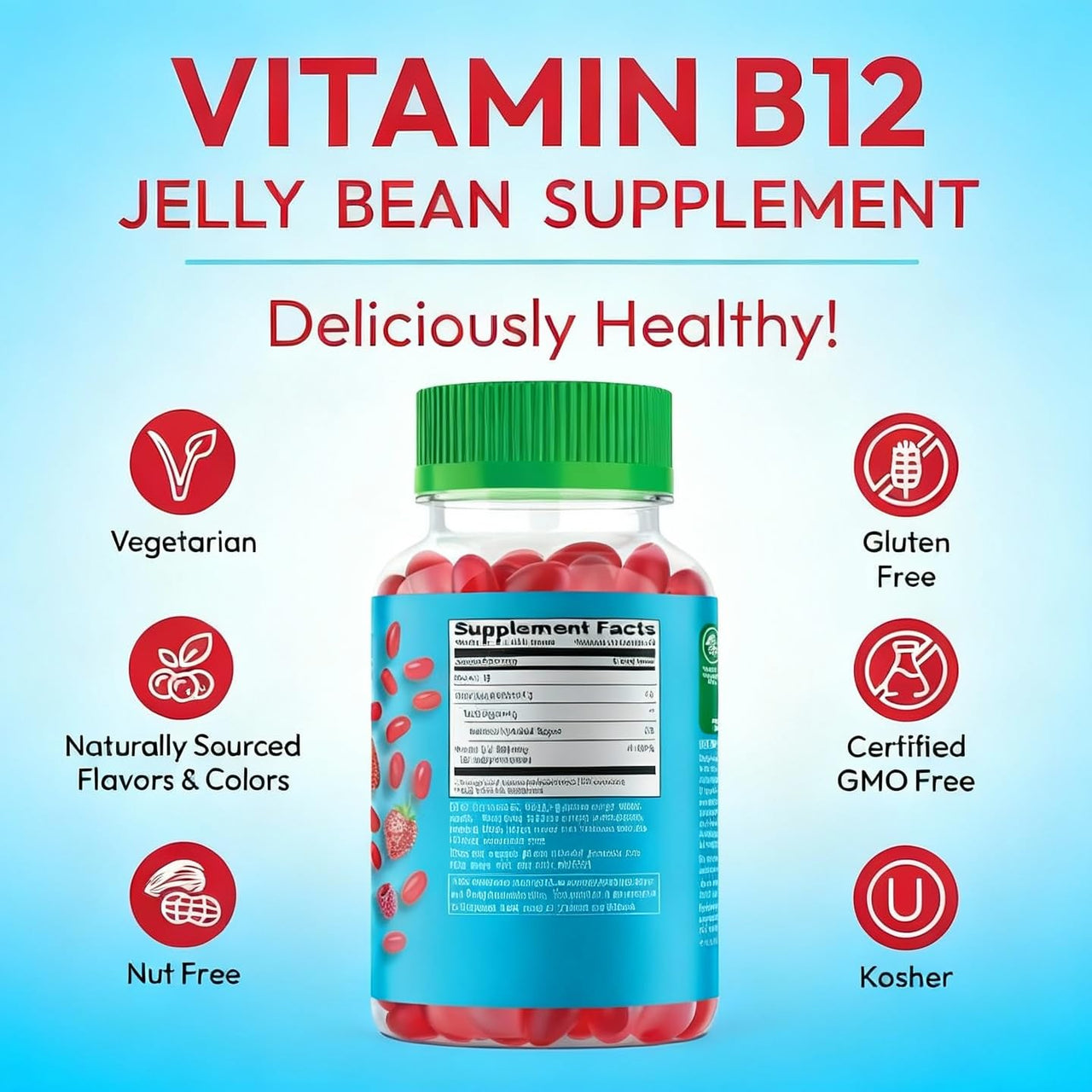 Human Beanz Methylated Vitamin B12, Jelly Bean Gummies for Adults, Brain Health and Energy Booster, Healthy Hair, Skin, and Nails, Nutritional Vegetarian Supplements, 120 Jelly Beans