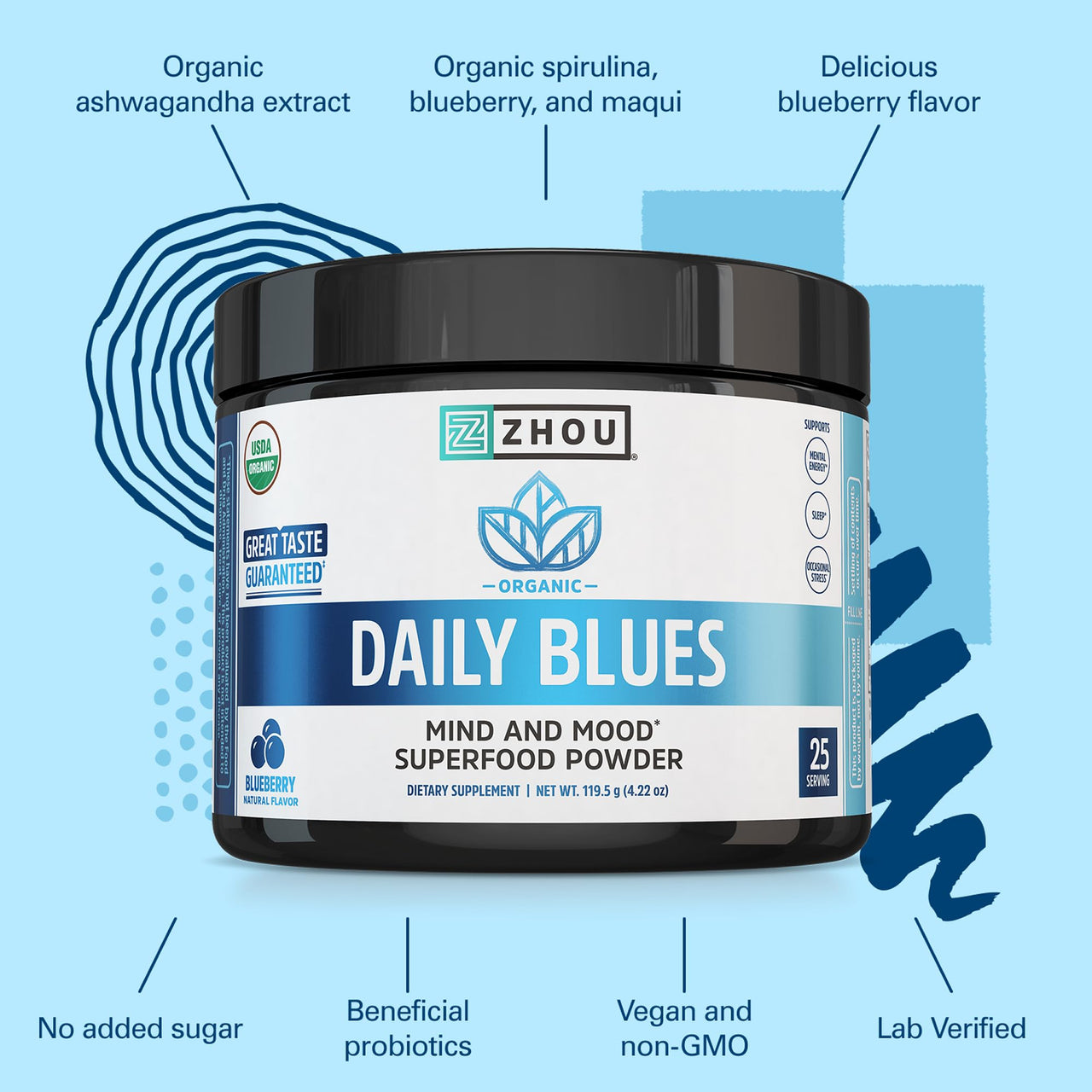 Zhou Daily Blues - Blue Spirulina Powder Organic, Blue Algae Energy Superfood Supplement for Smoothie, Vegan Drink Mix - Blueberry Flavor, 4.22 oz (25 Servings)