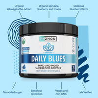 Thumbnail for Zhou Daily Blues - Blue Spirulina Powder Organic, Blue Algae Energy Superfood Supplement for Smoothie, Vegan Drink Mix - Blueberry Flavor, 4.22 oz (25 Servings)