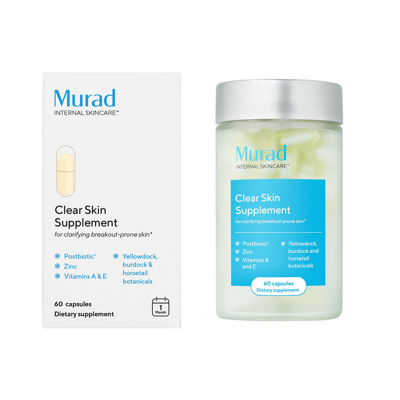 Murad Clear Skin Supplement for Acne-Prone Skin – Biotin, Zinc & Vitamin A Beauty Supplement - Minimize Breakouts, Reduce Inflammation & Control Sebum at the Cellular Level, 60 Caps - 30 Day Supply