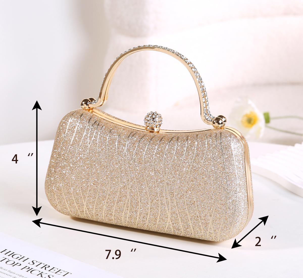 Covelin Evening Bag Sparkling Frosted Purses for Women Lady Shiny Party Elegant Handbag Wedding Bag with Chain Gold