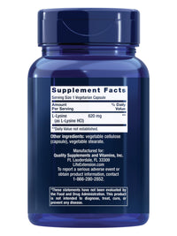 Thumbnail for Life Extension L-Lysine, 620 mg, Essential Amino Acid for Healthy nitrogen Balance, Calcium Metabolism, Stress Response & More, Gluten-Free, Non-GMO, Vegetarian, 100 Capsules