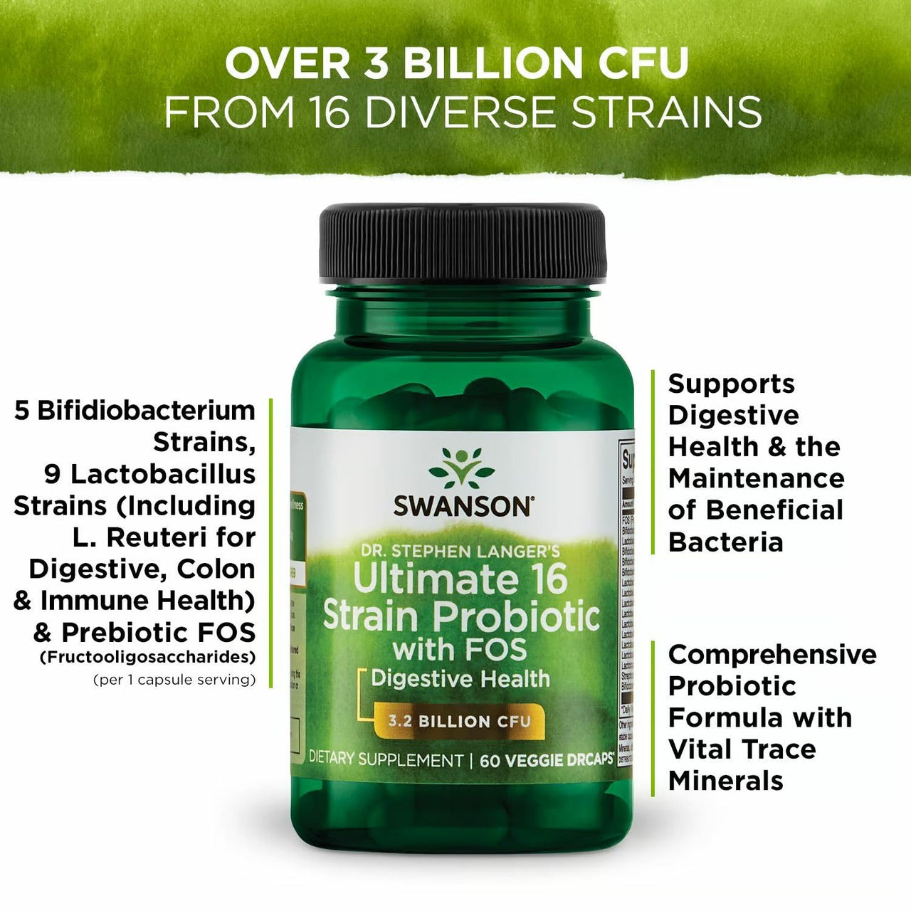 Swanson Dr. Stephen Langer's Formula - Natural Probiotic w/ Prebiotic FOS - 16-Strain Supplement Promoting Digestive Support w/ 3.2 Billion CFU per Capsule - (60 Veggie Capsules) 4 Pack