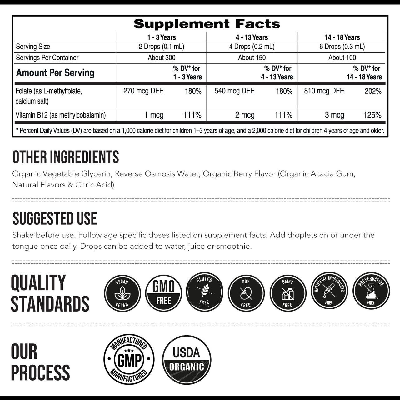 Organic Kids L-Methylfolate + Methyl B12 Cofactor - MTHFR Sublingual Form - 5-MTHF, Superior Form of Folate - Adjustable Dosing for All Ages - Mood, Behavior, Cognition - Organic Berry Flavor, 1 Fl oz