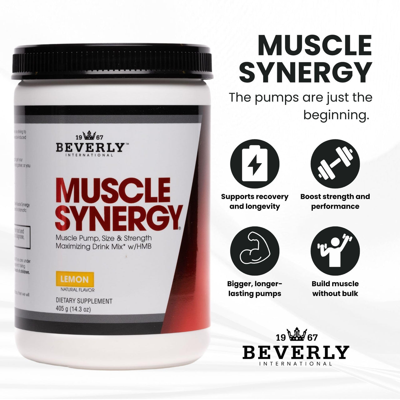 Beverly International Muscle Synergy 405g (Lemon Powder 14.3 oz) Dramatic Muscle Pump, Size & Strength Maximizing Drink Mix w/HMB. L-Arginine, L-Citrulline, Creatine Monohydrate, L-Ornithine