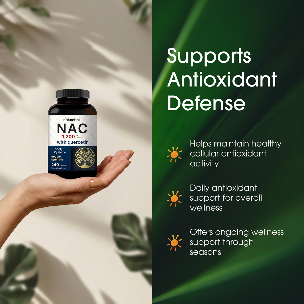 NatureBell NAC 1,200mg with Quercetin - 240 Capsules - N-Acetyl Cysteine - Antioxidant Supplement for Cellular Health - Supports Liver, Lung & Immune Function*