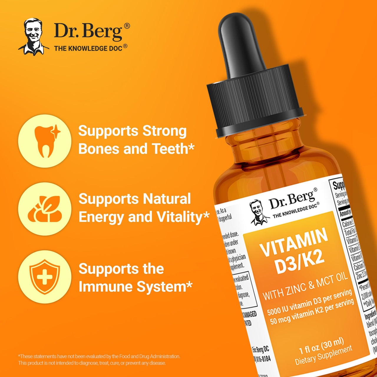 Dr. Berg Liquid Vitamin D3 & K2 Supplement with Zinc - for Bone, Teeth, Mood & Immune Health* - Vitamin D3 & K2 Drops for Adults - 1 fl oz