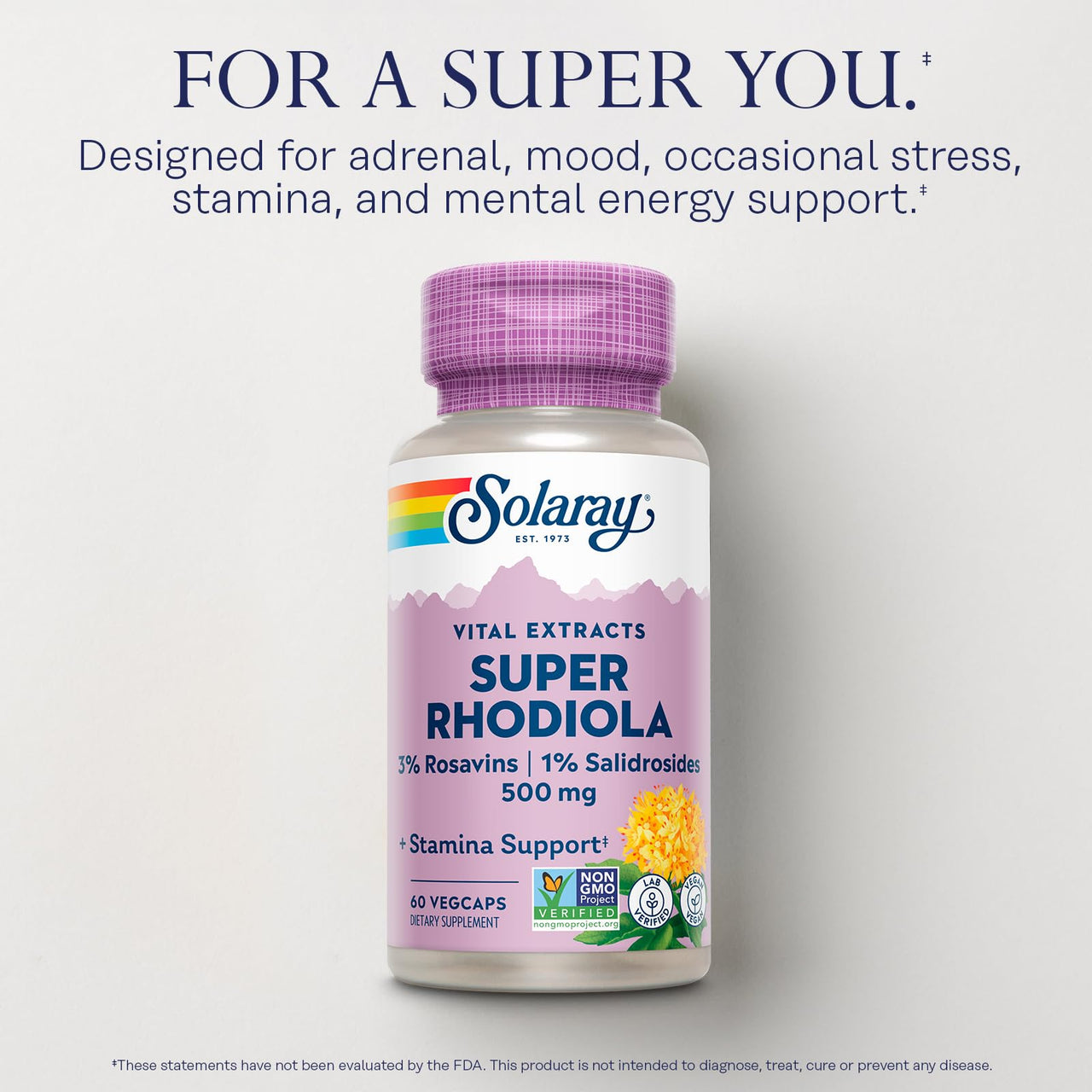 Solaray Super Rhodiola 500mg - Rhodiola Rosea Root Extract Supplement, Adaptogenic Herb Support for Focus, Stress, and Energy, Vegan Pills, Non-GMO - 60 Vegetarian Capsules