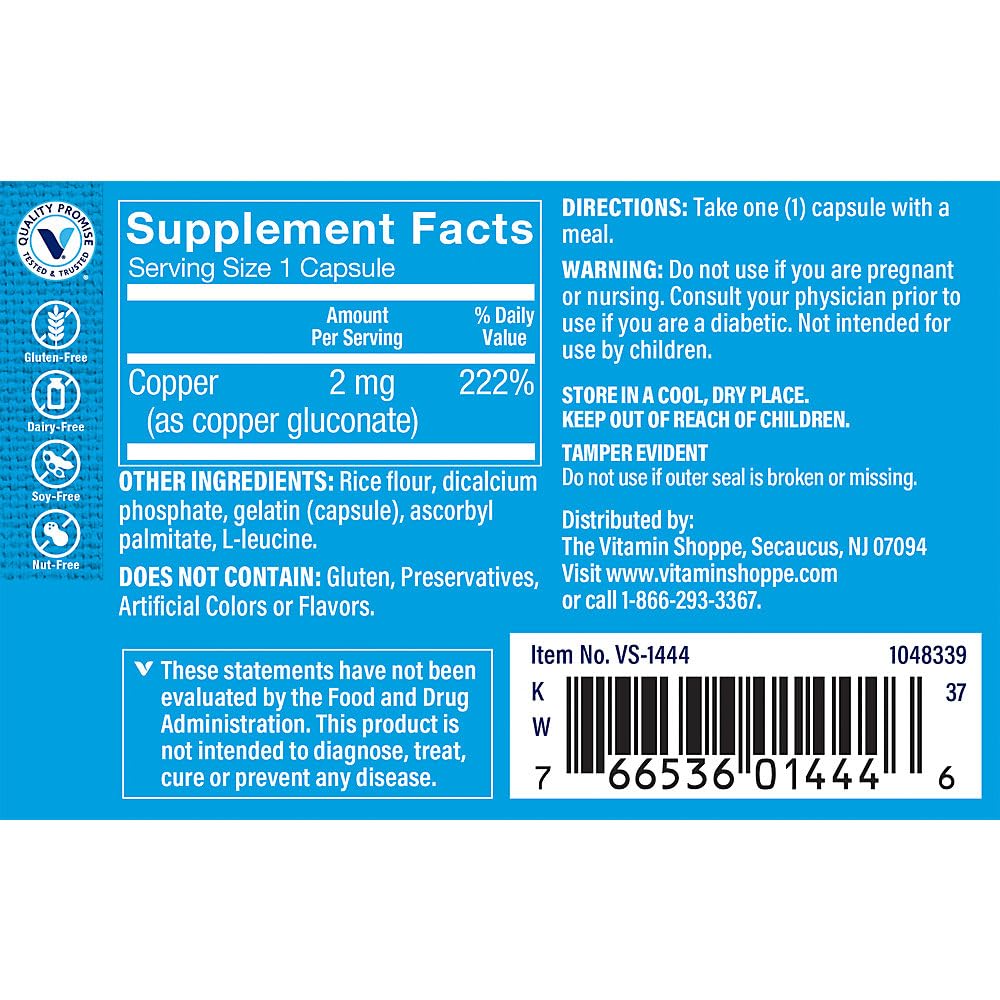 The Vitamin Shoppe Brand Copper 2 mg Capsules, Essential Trace Mineral Supplement for Men & Women, Supports Antioxidant Function, Collagen Production & Iron Metabolism, Gluten Free, 100 Capsules