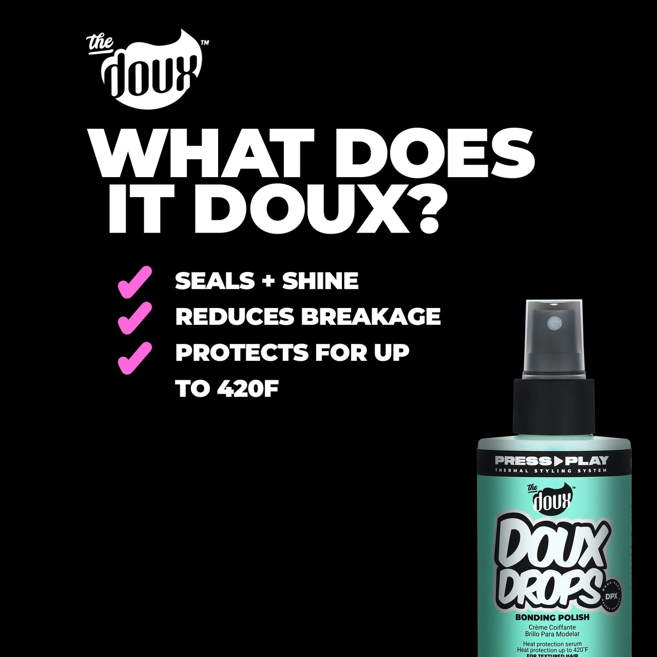 The Doux DOUX DROPS Bonding Polish Spray – Anti-Humidity Hair Smoother & Heat Protectant for Curly Hair – Silkening Bonding Oil with Vitamin E, Baobab & Jojoba, 4 oz