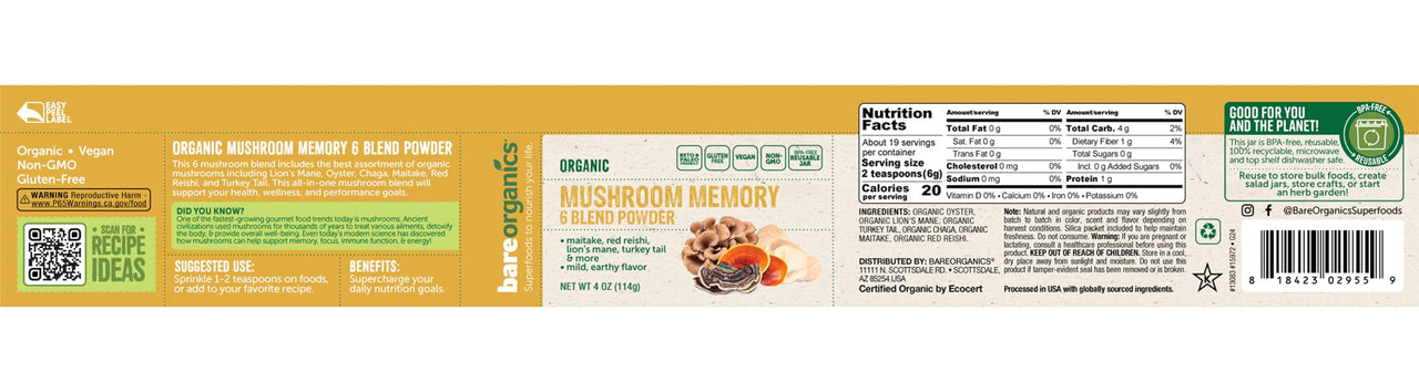 BareOrganics Mushroom Memory Blend Powder â€“ Organic Superfood Mushroom Supplement with Lionâ€™s Mane, Reishi, Maitake & Turkey Tail, Vegan Adaptogenic Powder - 4 oz